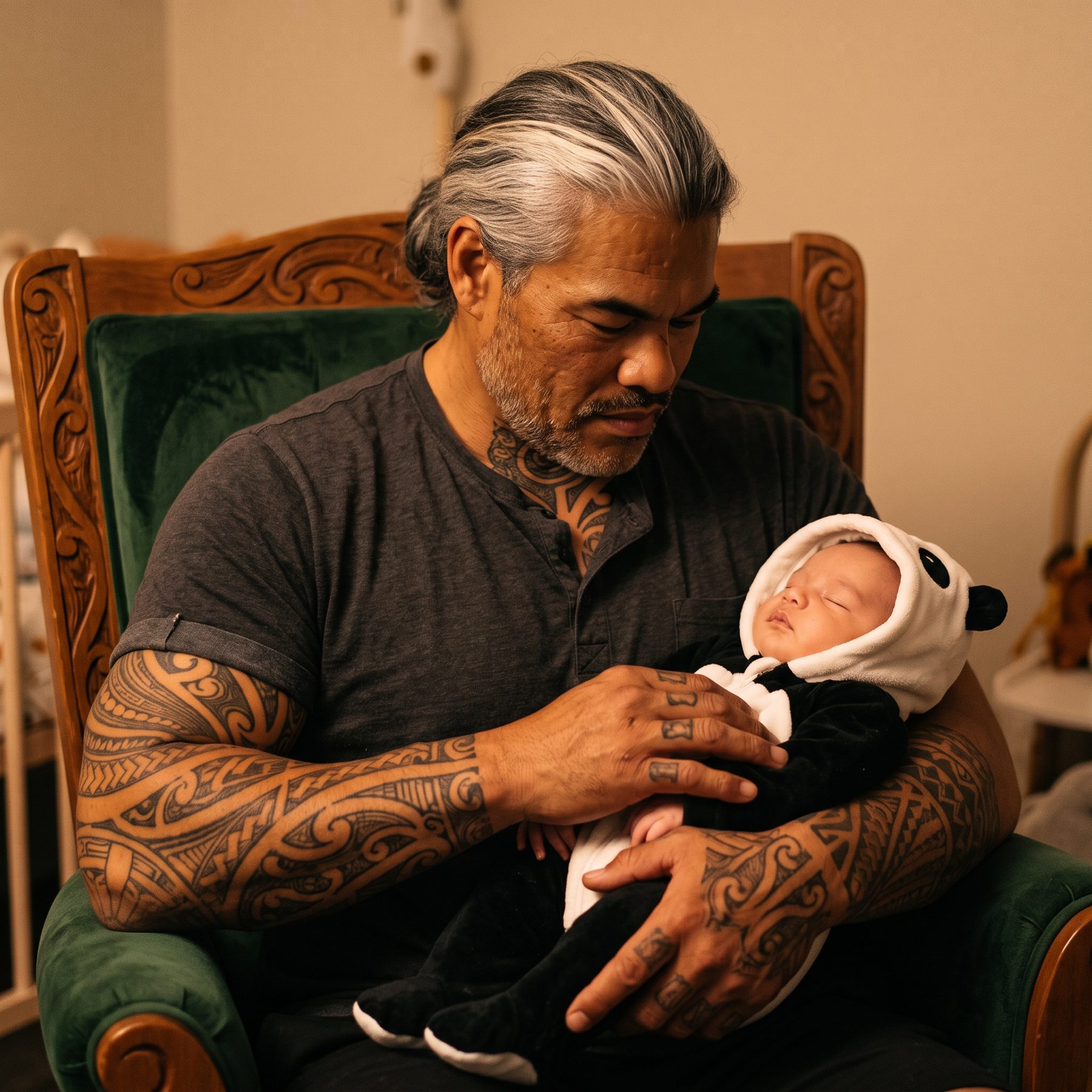 Aodáhn asleep in his panda suit in his father's tattooed arms, in a carved wooden chair.