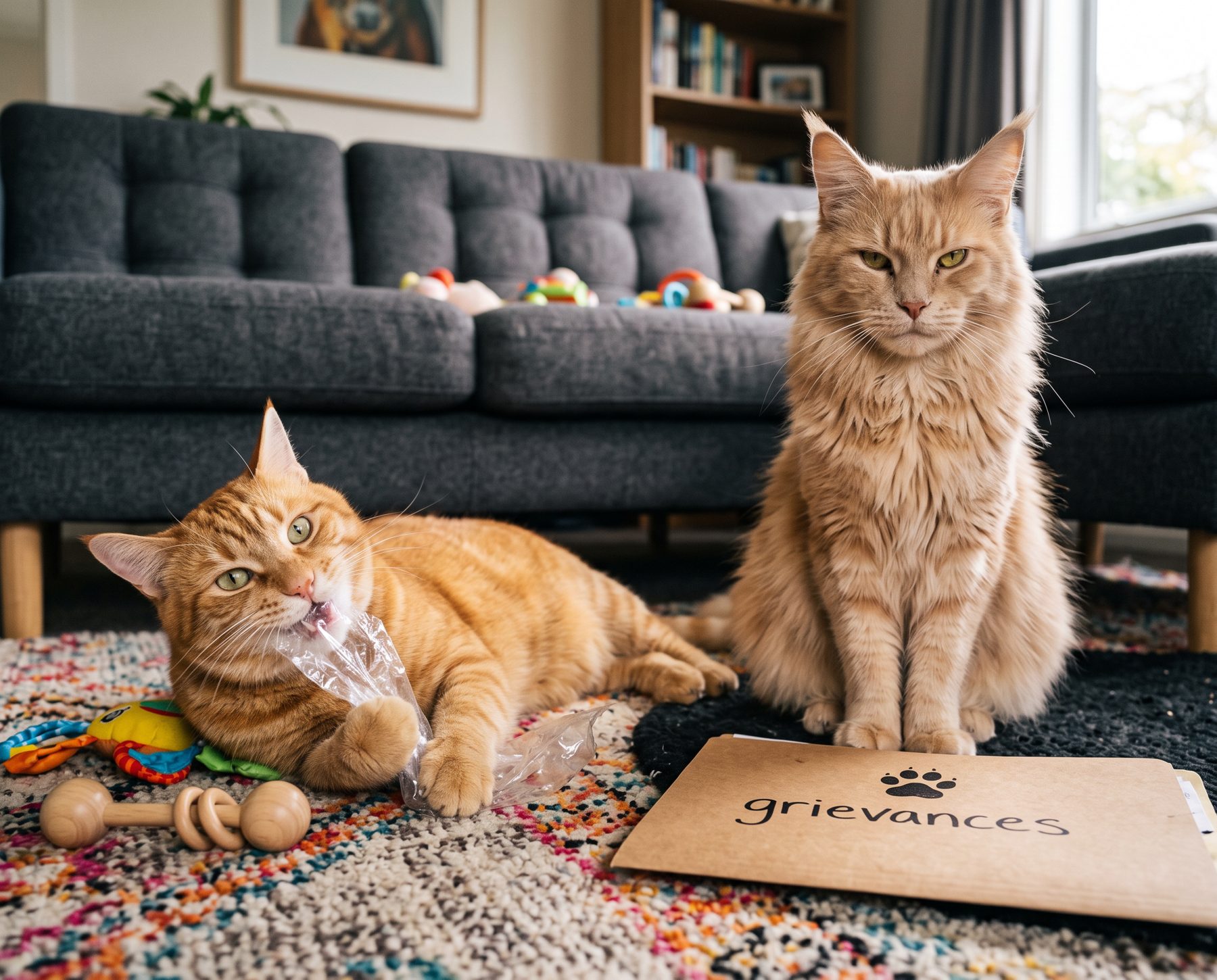 Sage chewing a plastic bag while Lucian sits bolt upright beside a folder labelled grievances.