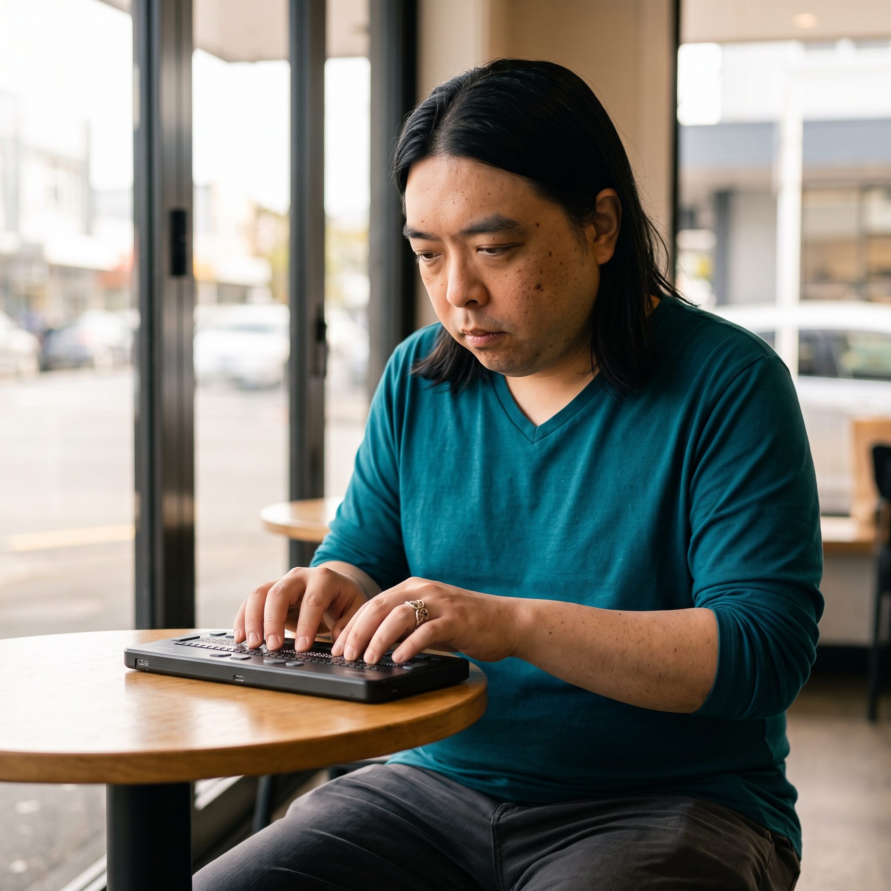 Chris at a café table by the window, hands on a braille display.