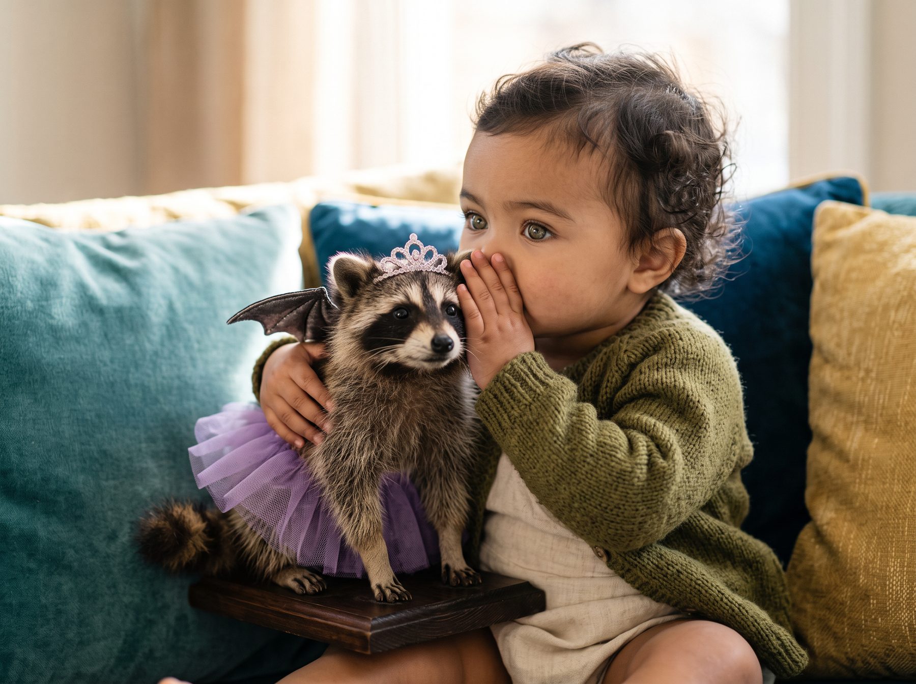 Rose whispering into Bijou's ear — a taxidermied batcoon in a purple tutu and tiara.