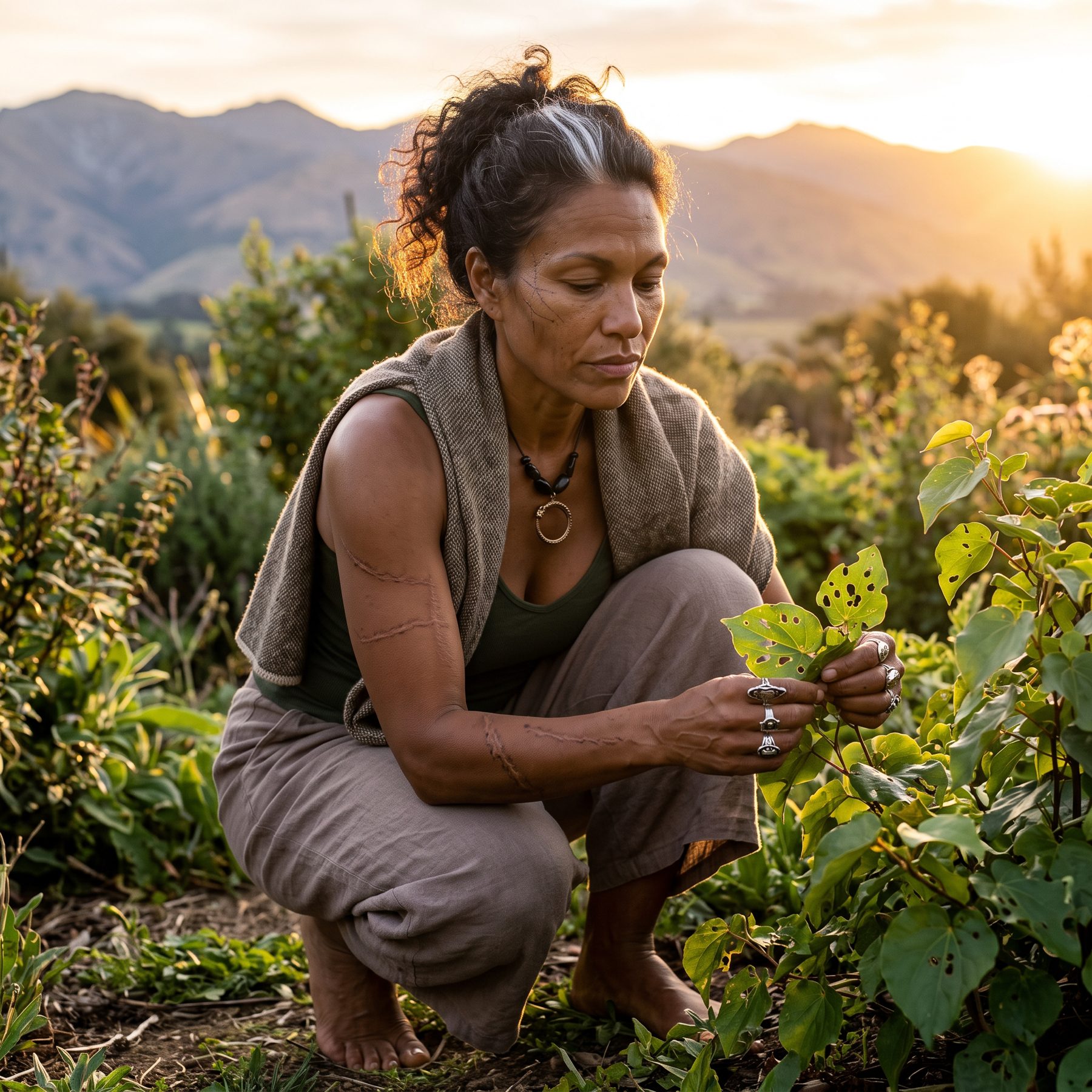 Solara crouched barefoot in the garden at golden hour, examining a leaf, mountains behind.