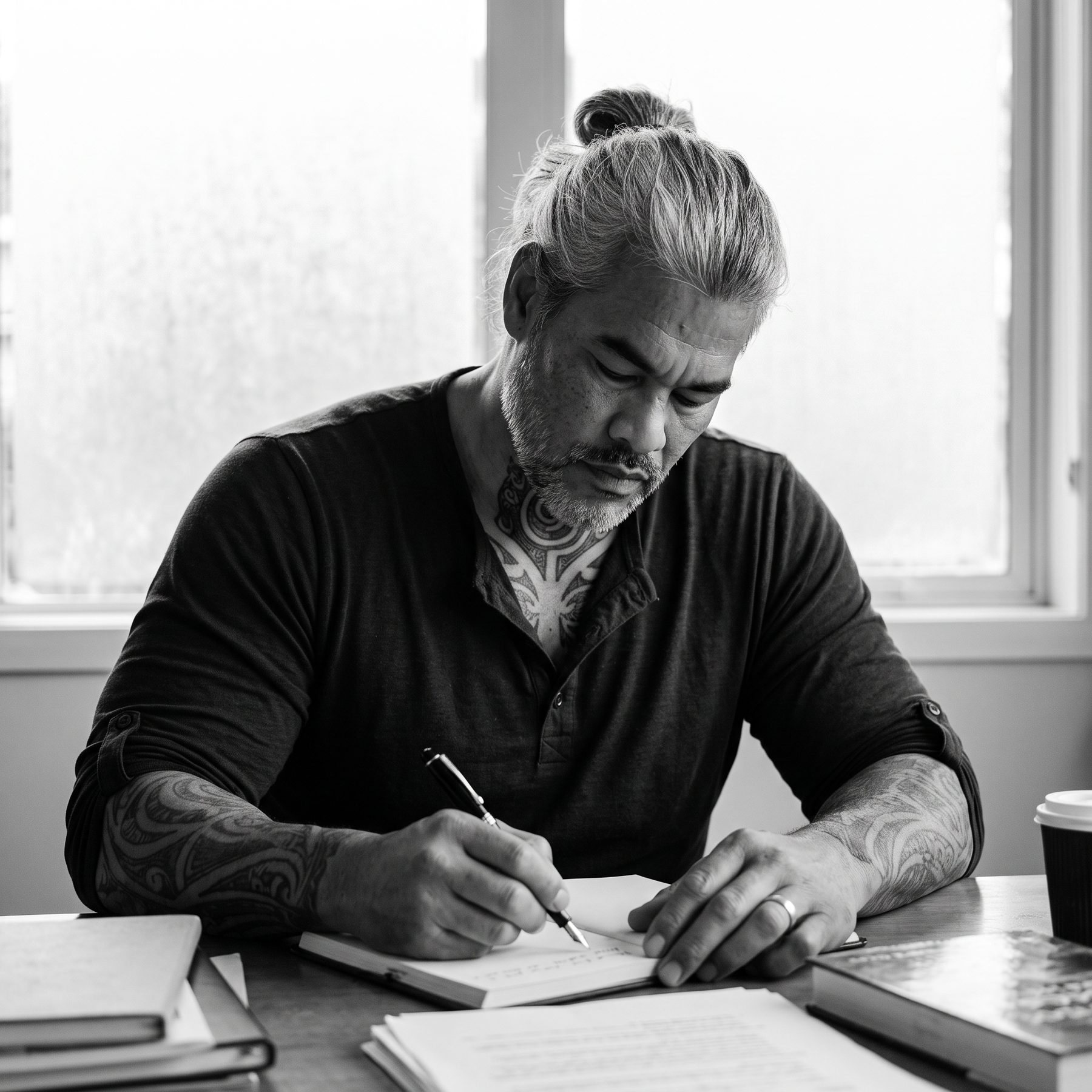 Tāne at a desk by the window, writing by hand among books and papers, in black and white.