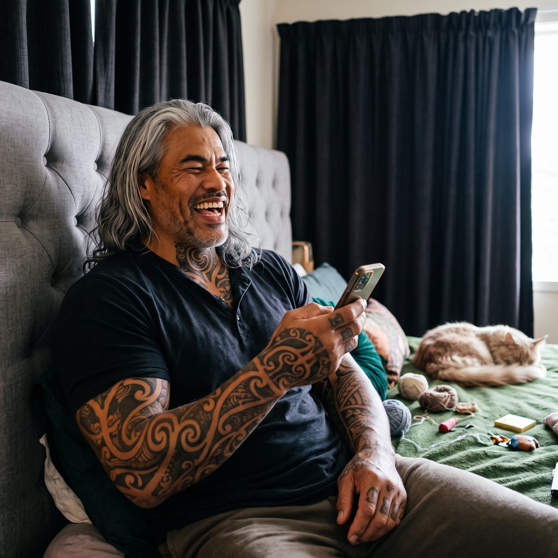 Tāne laughing at his phone on the bed, a cream cat asleep beside balls of yarn.
