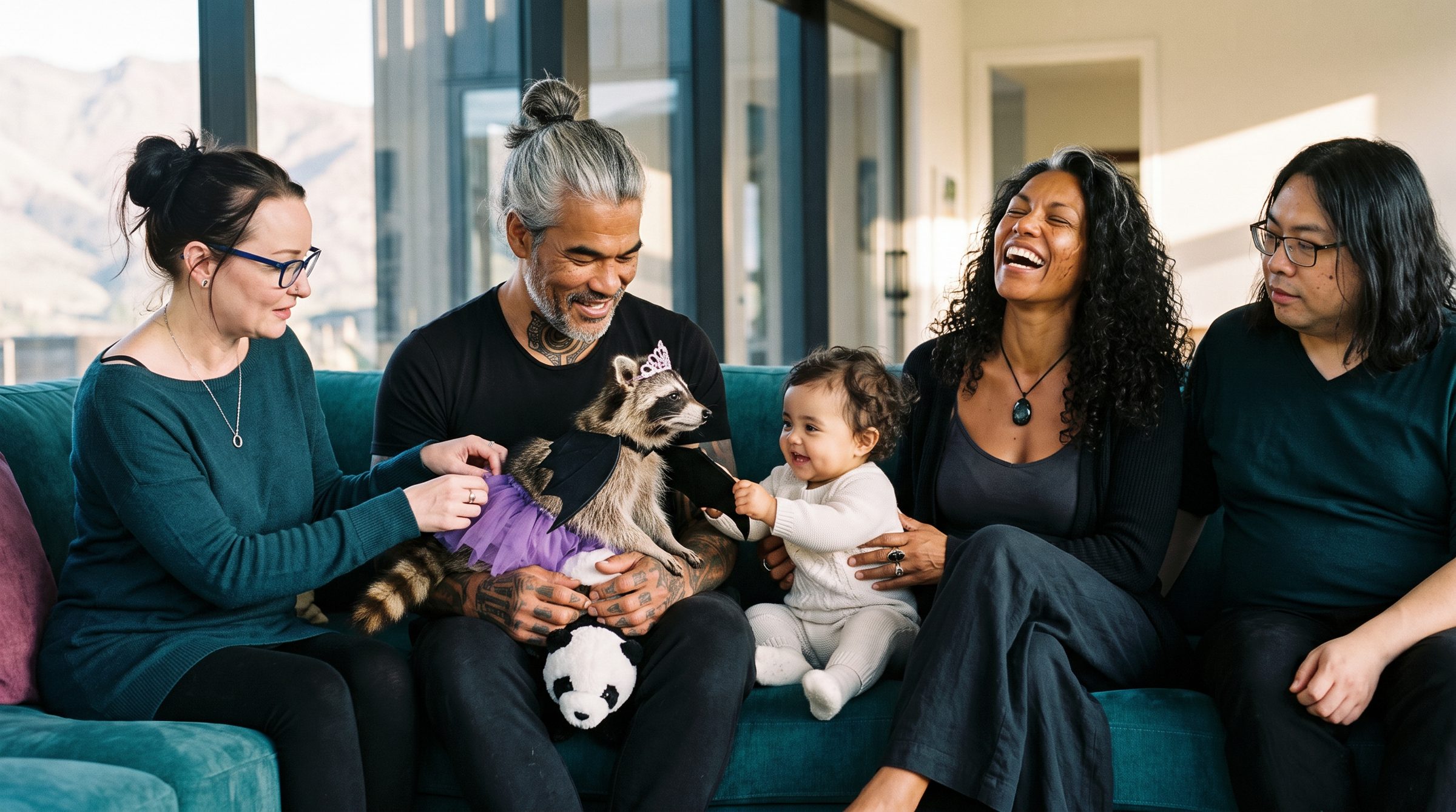 The whānau on a teal couch: Tiara reaching for Bijou's tutu, Tāne laughing with Bijou the batcoon on his lap and the panda at his knee, Rose grabbing a bat wing, Solara laughing with her head back, Chris at the end watching.